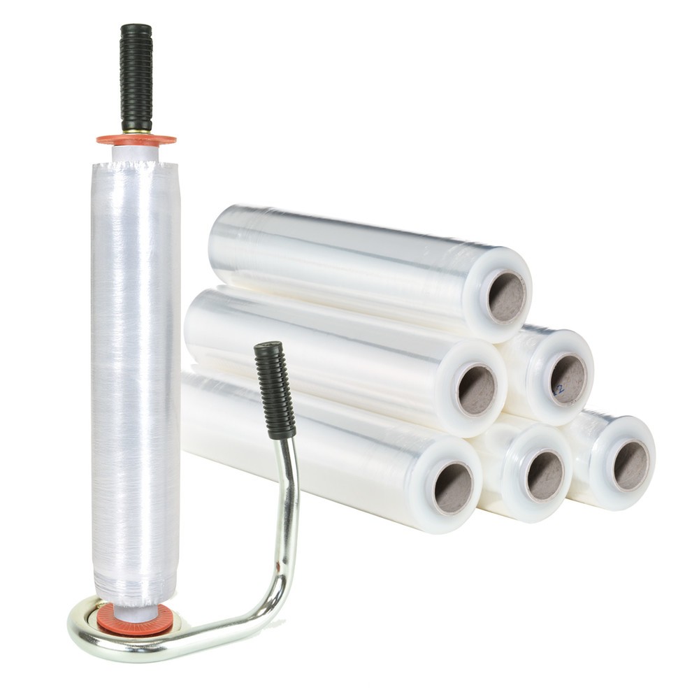 N° de l'image du produit 2 : Kit de film étirable professionnel, 6 rouleaux, lxL 500 mm x 300 ml, appareil de mise sous film manuel avec disques de centrage en plastique y compris, transparent