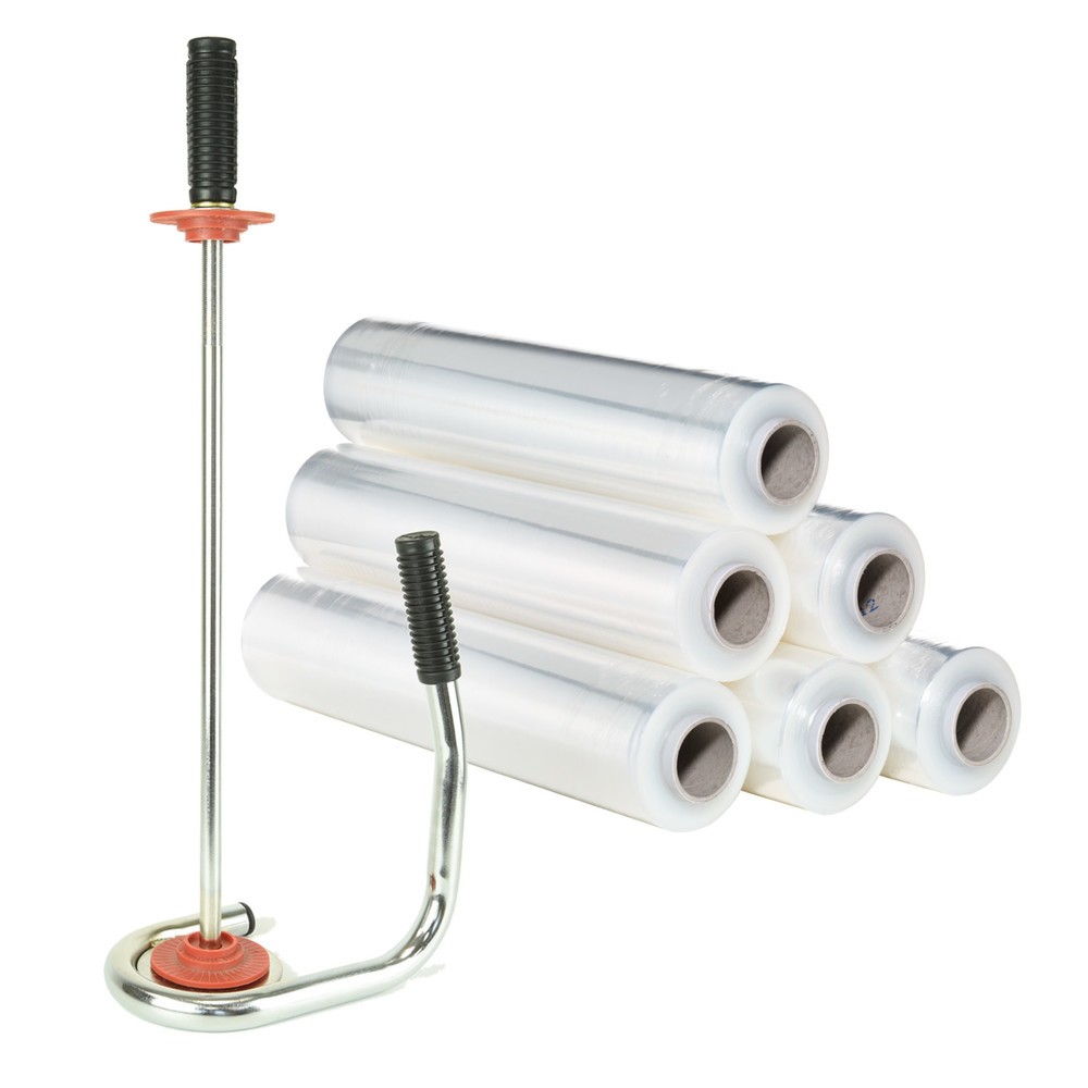 N° de l'image du produit 1 : Kit de film étirable professionnel, 6 rouleaux, lxL 500 mm x 300 ml, appareil de mise sous film manuel avec disques de centrage en plastique y compris, transparent