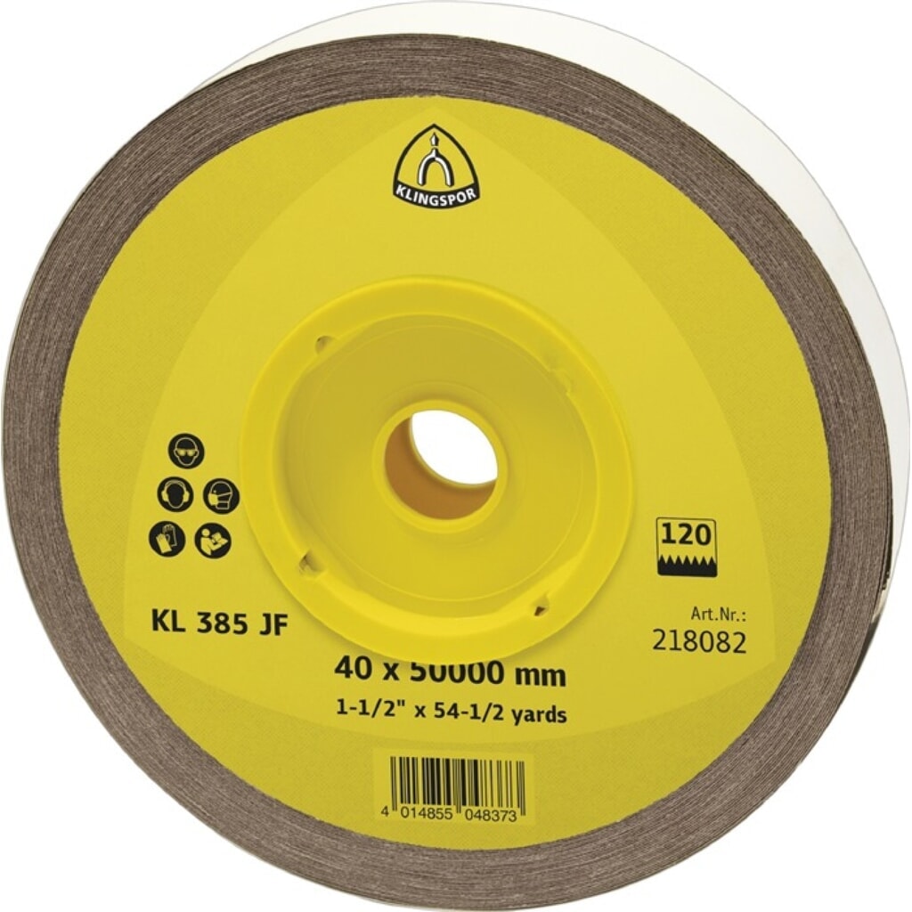 KLINGSPOR Schleifgeweberolle KL 385 JF 40mm K.100 f.Metall Korund Produktabbildung: KLINGSPOR Schleifgeweberolle KL 385 JF 40mm K.100 f.Metall Korund