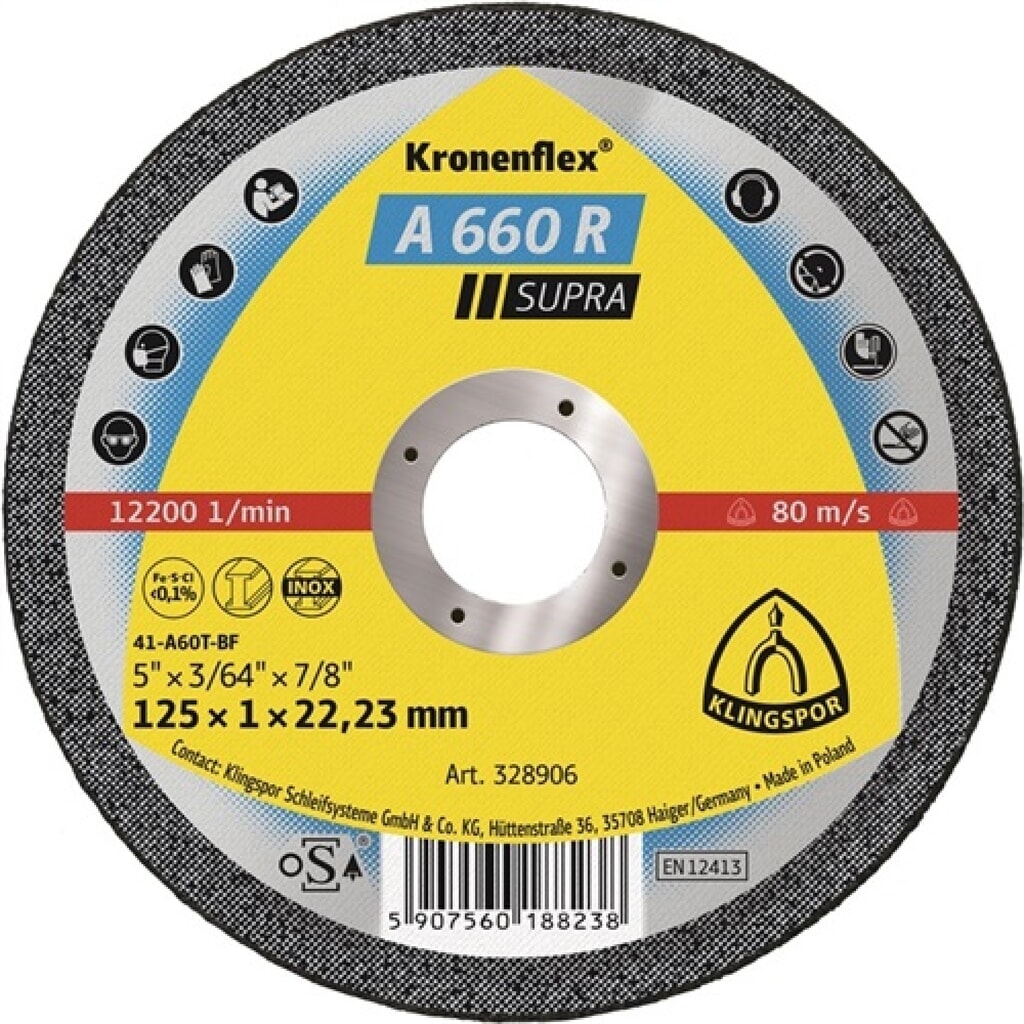 Trennscheibe A 660 R Supra D125x1mm ger.INOX Bohr.22,23mm KLINGSPOR Produktabbildung: Trennscheibe A 660 R Supra D125x1mm ger.INOX Bohr.22,23mm KLINGSPOR