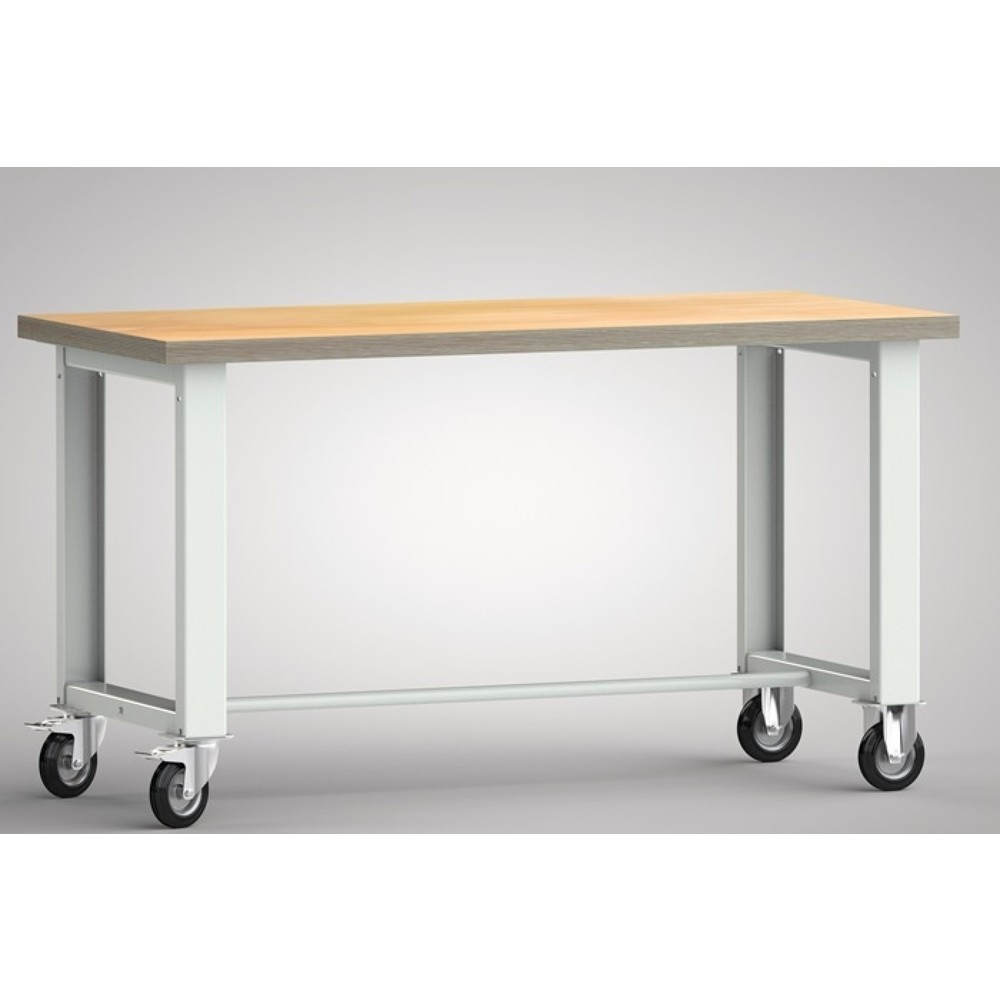 Produktabbildung: KLW-LUTZ Betriebseinrichtungen Werkbank, lichtgrau, RAL 7035, B1500xT700xH840mm Buche Multiplex, Bock-u.Lenkrollen, Vollgummi Ø 125 mm