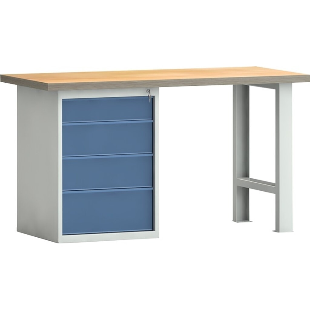 Produktabbildung: KLW-LUTZ Betriebseinrichtungen Werkbank PW 700, lichtgrau, RAL 7035, B1500xT700xH840mm Buche Multiplex, brillantblau, RAL 5007 4 Schubl.