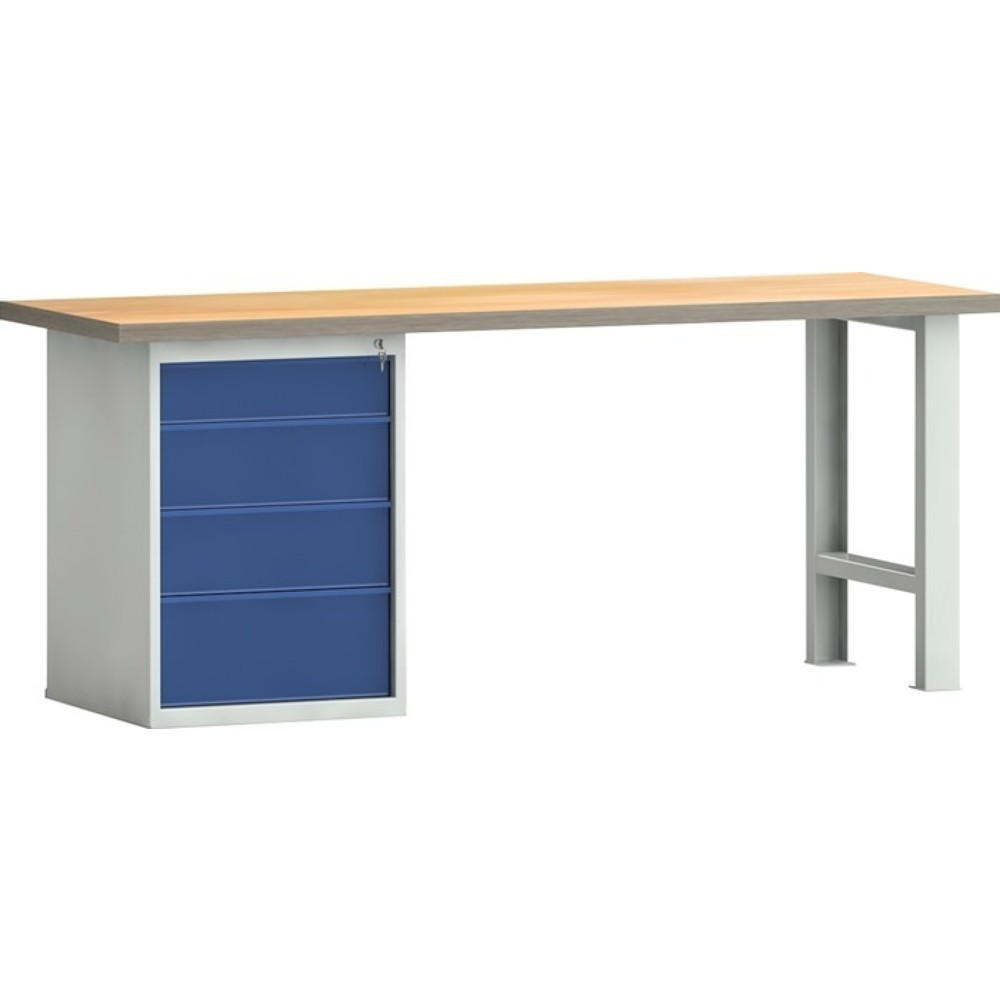 Produktabbildung: KLW-LUTZ Betriebseinrichtungen Werkbank PW 700, lichtgrau, RAL 7035, B2000xT700xH840mm Buche Multiplex, enzianblau, RAL 5010 4 Schubl.