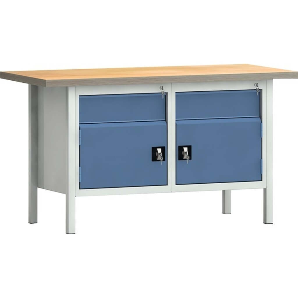 KLW-LUTZ Betriebseinrichtungen Werkbank PW 700, lichtgrau, RAL 7035, B1500xT700xH840mm Buche Multiplex, brillantblau, RAL 5007 2 Schubl. 2 Türen Produktabbildung: KLW-LUTZ Betriebseinrichtungen Werkbank PW 700, lichtgrau, RAL 7035, B1500xT700xH840mm Buche Multiplex, brillantblau, RAL 5007 2 Schubl. 2 Türen