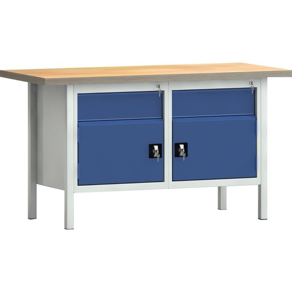 Produktabbildung: KLW-LUTZ Betriebseinrichtungen Werkbank PW 700, lichtgrau, RAL 7035, B1500xT700xH840mm Buche Multiplex, enzianblau, RAL 5010 2 Schubl. 2 Türen