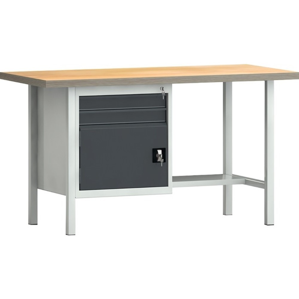 Produktabbildung: KLW-LUTZ Betriebseinrichtungen Werkbank PW 700, lichtgrau, RAL 7035, B1500xT700xH840mm Buche Multiplex, anthrazitgrau, RAL 7016 2 Schubl. 1 Tür