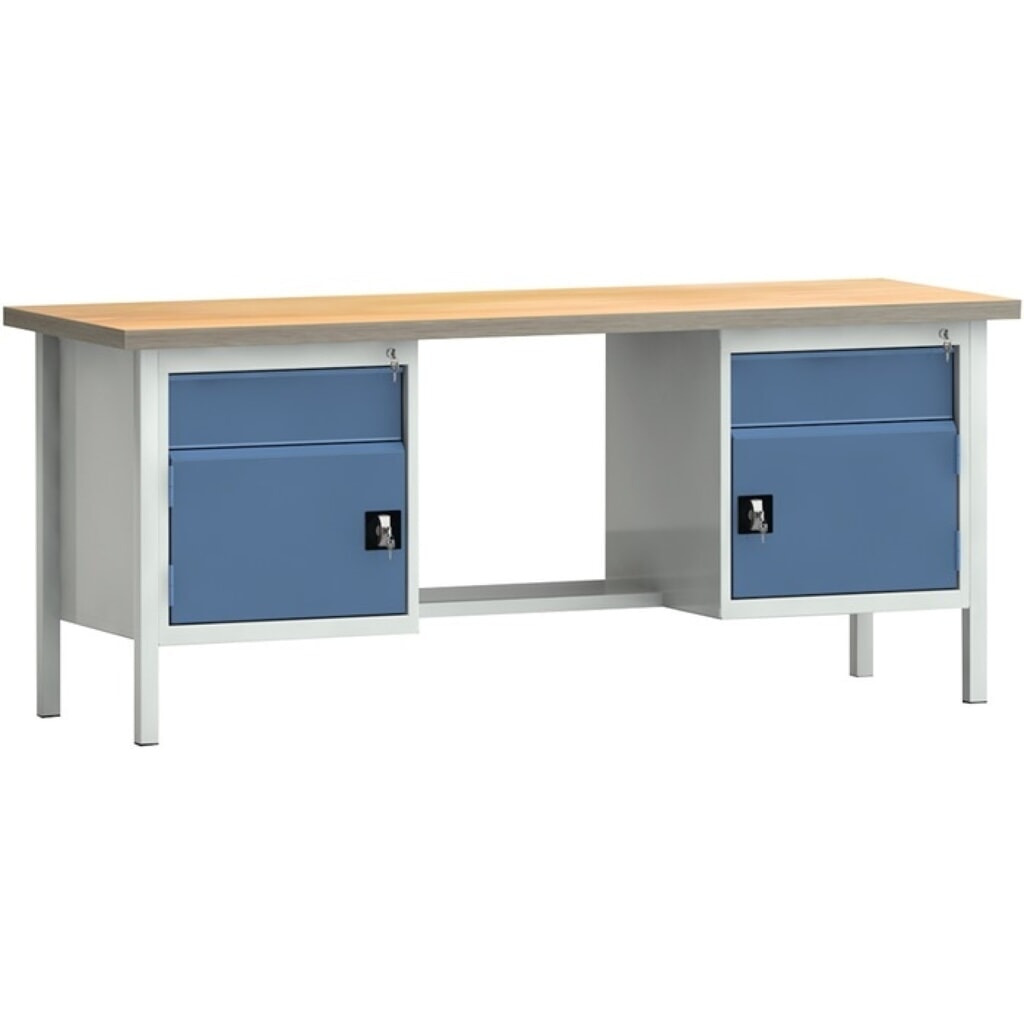 KLW-LUTZ Betriebseinrichtungen Werkbank PW 700, lichtgrau, RAL 7035, B2000xT700xH840mm Buche Multiplex, brillantblau, RAL 5007 2 Schubl. 2 Türen Produktabbildung: KLW-LUTZ Betriebseinrichtungen Werkbank PW 700, lichtgrau, RAL 7035, B2000xT700xH840mm Buche Multiplex, brillantblau, RAL 5007 2 Schubl. 2 Türen