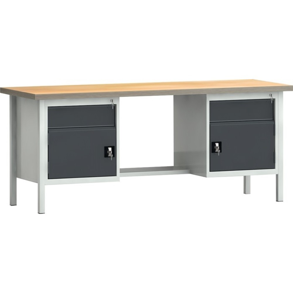 Produktabbildung: KLW-LUTZ Betriebseinrichtungen Werkbank PW 700, lichtgrau, RAL 7035, B2000xT700xH840mm Buche Multiplex, anthrazitgrau, RAL 7016 2 Schubl. 2Türen