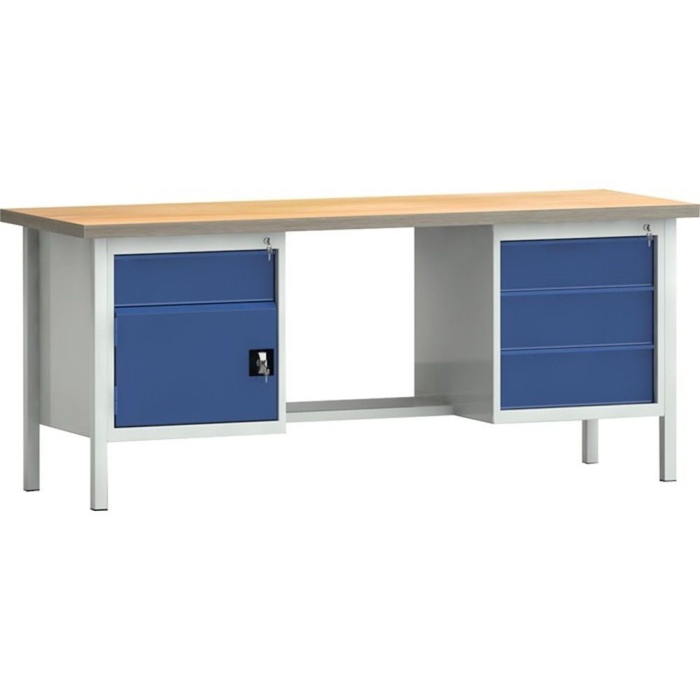 Produktabbildung: KLW-LUTZ Betriebseinrichtungen Werkbank PW 700, lichtgrau, RAL 7035, B2000xT700xH840mm Buche Multiplex, enzianblau, RAL 5010 4 Schubl. 1 Tür