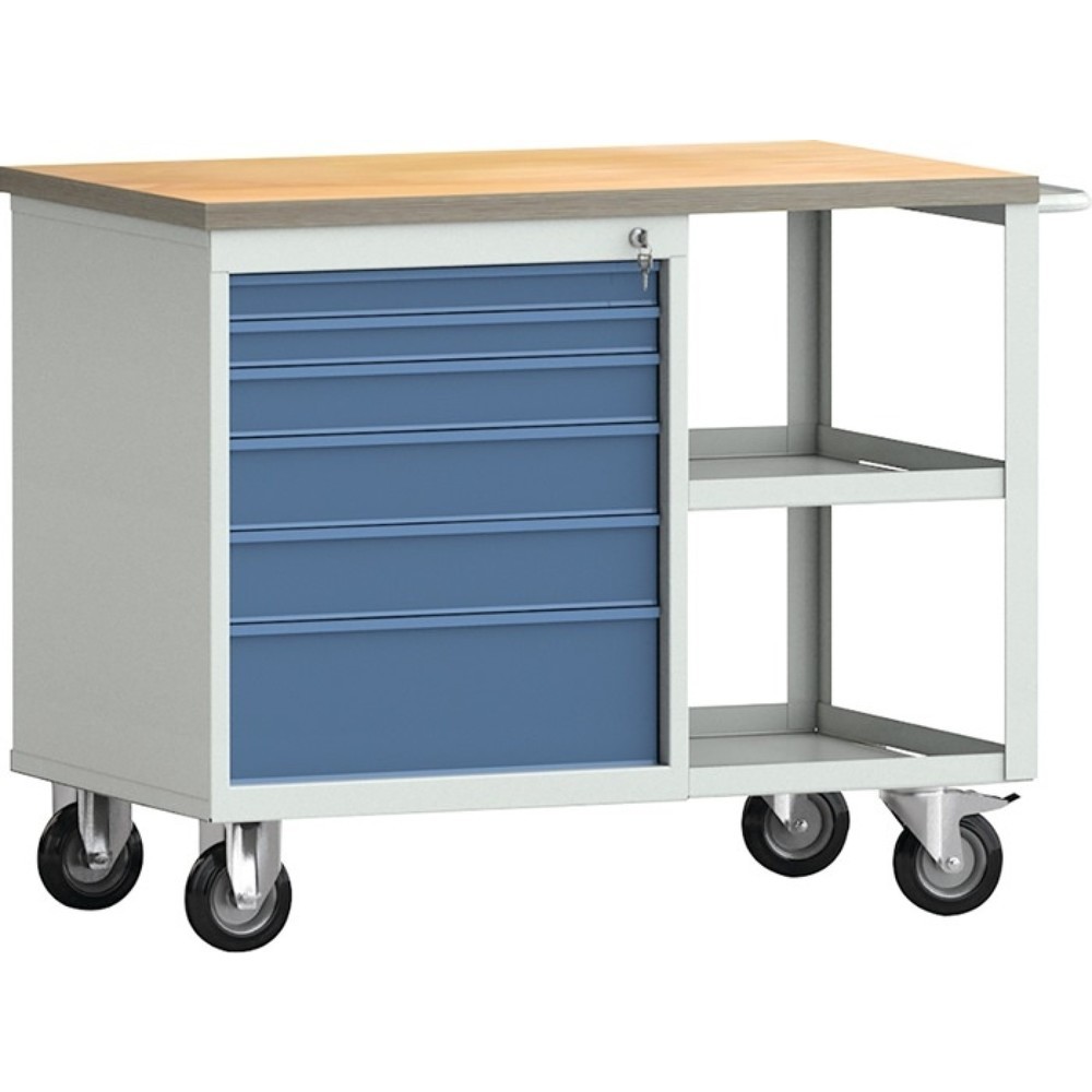 Produktabbildung: KLW-LUTZ Betriebseinrichtungen Werkbank PW 700, lichtgrau, RAL 7035, B1000xT620xH805mm Buche Multiplex, brillantblau, RAL 5007 6 Schubl.