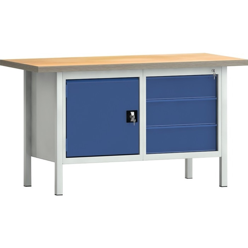 Produktabbildung: KLW-LUTZ Betriebseinrichtungen Werkbank PW 700, lichtgrau, RAL 7035, B1500xT700xH840mm Buche Multiplex, enzianblau, RAL 5010 3 Schubl. 1 Tür