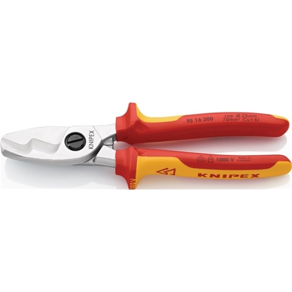 Kabelschere VDE L.200mm max.70mm2 Chrom m.Mehrkomp.-Hüllen KNIPEX m.Klemmschutz Produktabbildung: Kabelschere VDE L.200mm max.70mm2 Chrom m.Mehrkomp.-Hüllen KNIPEX m.Klemmschutz