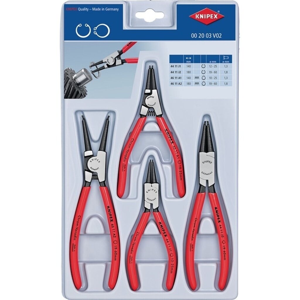 Knipex Sicherungsringzange, 4-teilig stabile Kunststoffverpackung, 10 - 60 mm Produktabbildung: Knipex Sicherungsringzange, 4-teilig stabile Kunststoffverpackung, 10 - 60 mm