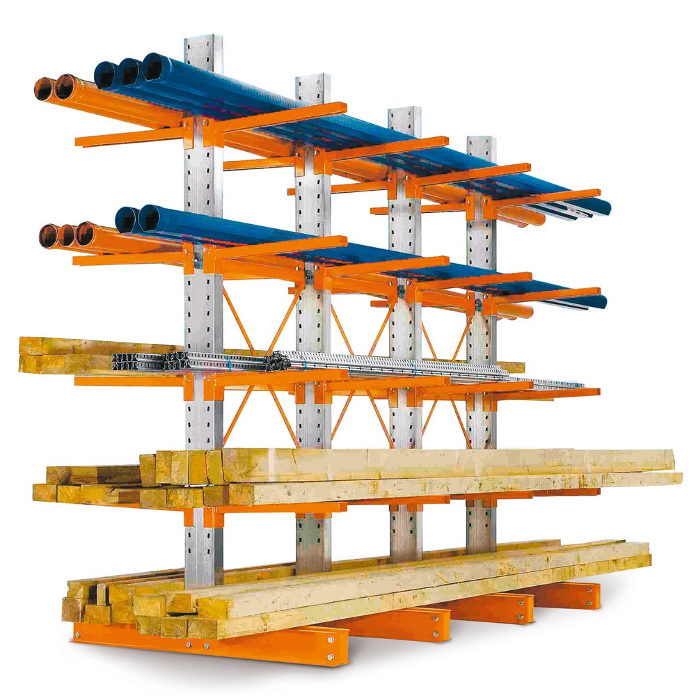 Produktabbildung: Komplettpaket Kragarmregal, leichte Ausführung, doppelseitig, Tragkraft pro Arm 300 kg, HxBxT 2.432 x 4.000 x 1.180 mm, 5 Ständer