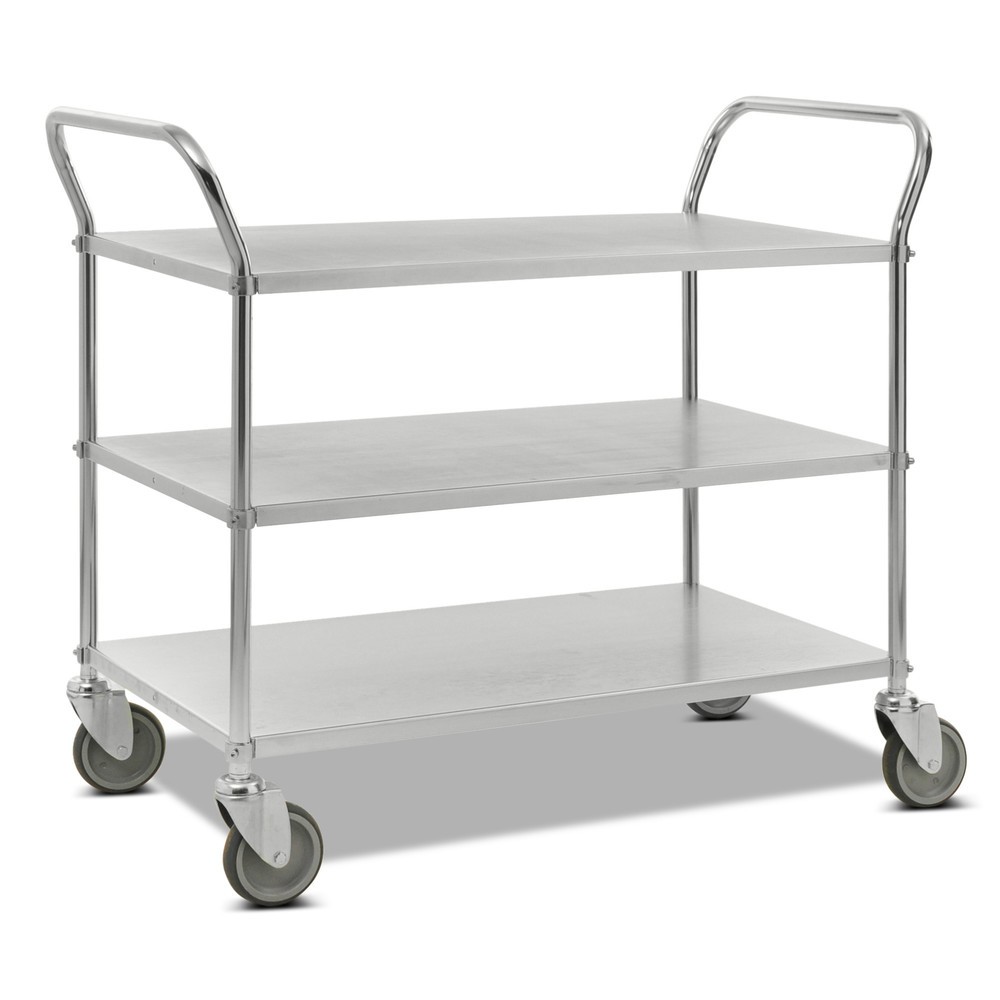 Produktabbildung: Kongamek Tischwagen, komplett verzinkt, hochstehende Bügel, 3 Etagen à 900 x 540 mm
