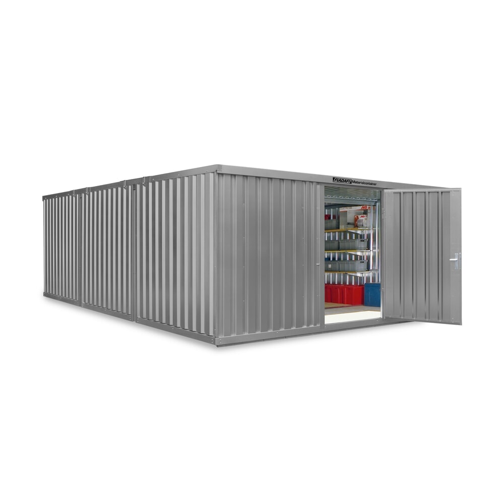 Zdjęcie produktu nr 1: Kompozycja kontenera materiałowego FLADAFI®, malowana, 3 moduły, wys. × szer. × gł. 2150 × 5080 × 6520 mm, wstępnie zmontowane, drewniana podłoga, jasnoszary