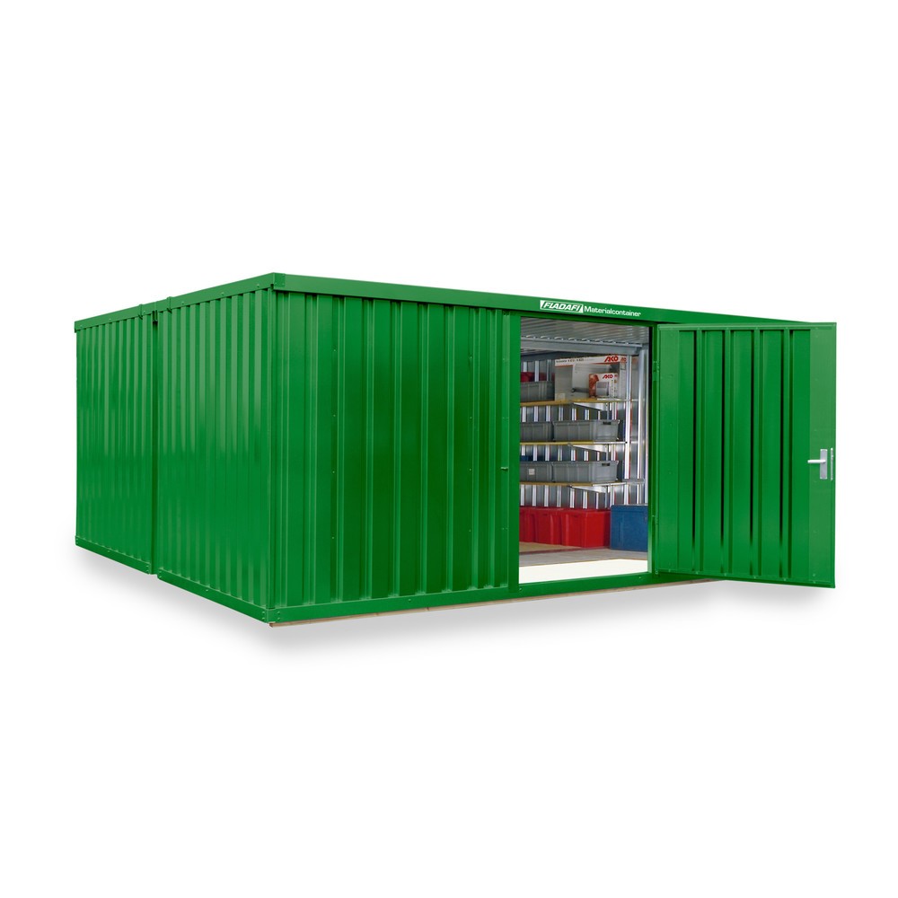 Zdjęcie produktu nr 1: Kompozycja kontenera materiałowego FLADAFI®, lakierowana, 2 moduły, wys. × szer. × gł. 2150 × 5080 × 4340 mm, wstępnie zmontowana, podłoga drewniana, kolor trawiasty zielony