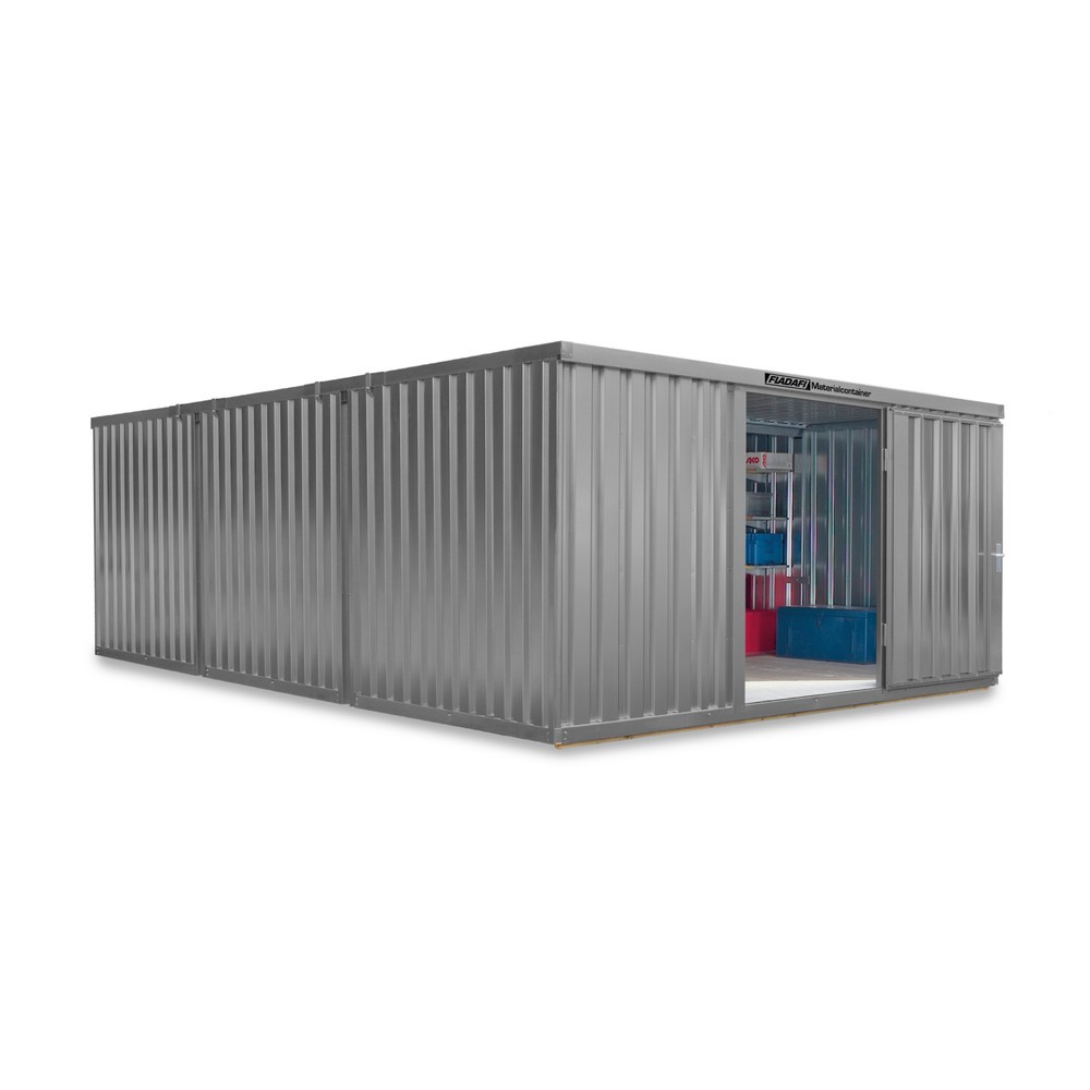 Zdjęcie produktu nr 1: Kompozycja kontenera materiałowego FLADAFI®, malowana, 3 moduły, wys. × szer. × gł. 2150 × 4050 × 6520 mm, wstępnie zmontowane, drewniana podłoga, jasnoszary