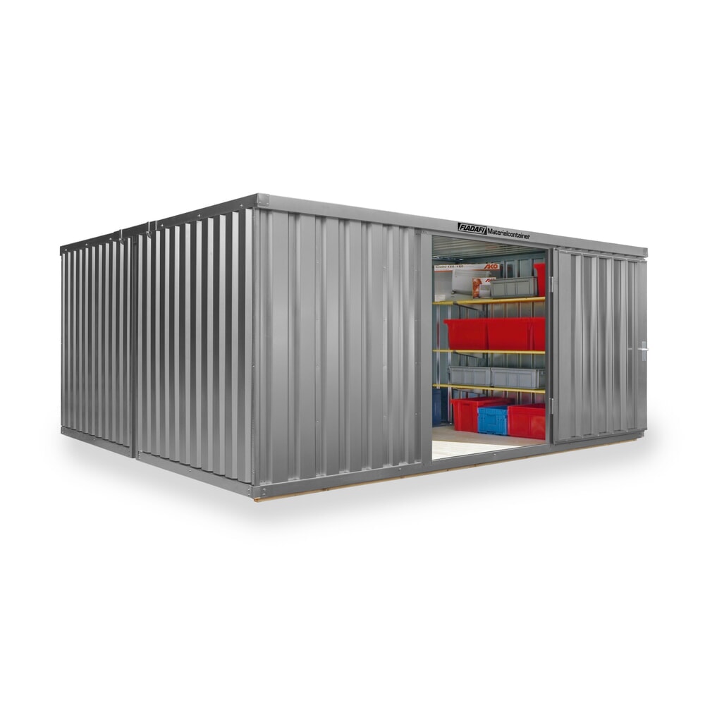Zdjęcie produktu nr 1: Kompozycja kontenera materiałowego FLADAFI®, malowana, 2 moduły, wys. × szer. × gł. 2150 × 4050 × 4340 mm, wstępnie zmontowane, drewniana podłoga, jasnoszary