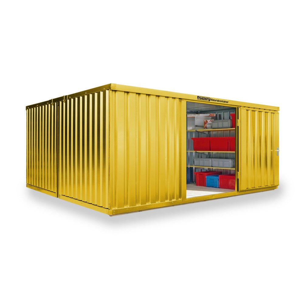 Zdjęcie produktu nr 1: Kompozycja kontenera materiałowego FLADAFI®, malowany, 2 moduły, wys. x szer. x gł. 2150 x 4050 x 4340 mm, wstępnie zmontowany, podłoga drewniana, kolor żółty sygnałowy