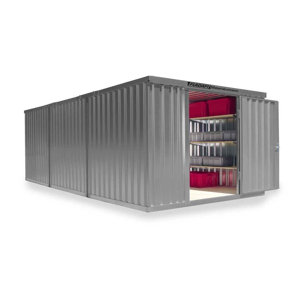 Zdjęcie produktu nr 1: Kompozycja kontenera materiałowego FLADAFI®, malowana, 3 moduły, wys. × szer. × gł. 2150 × 3050 × 6520 mm, wstępnie zmontowane, drewniana podłoga, jasnoszary