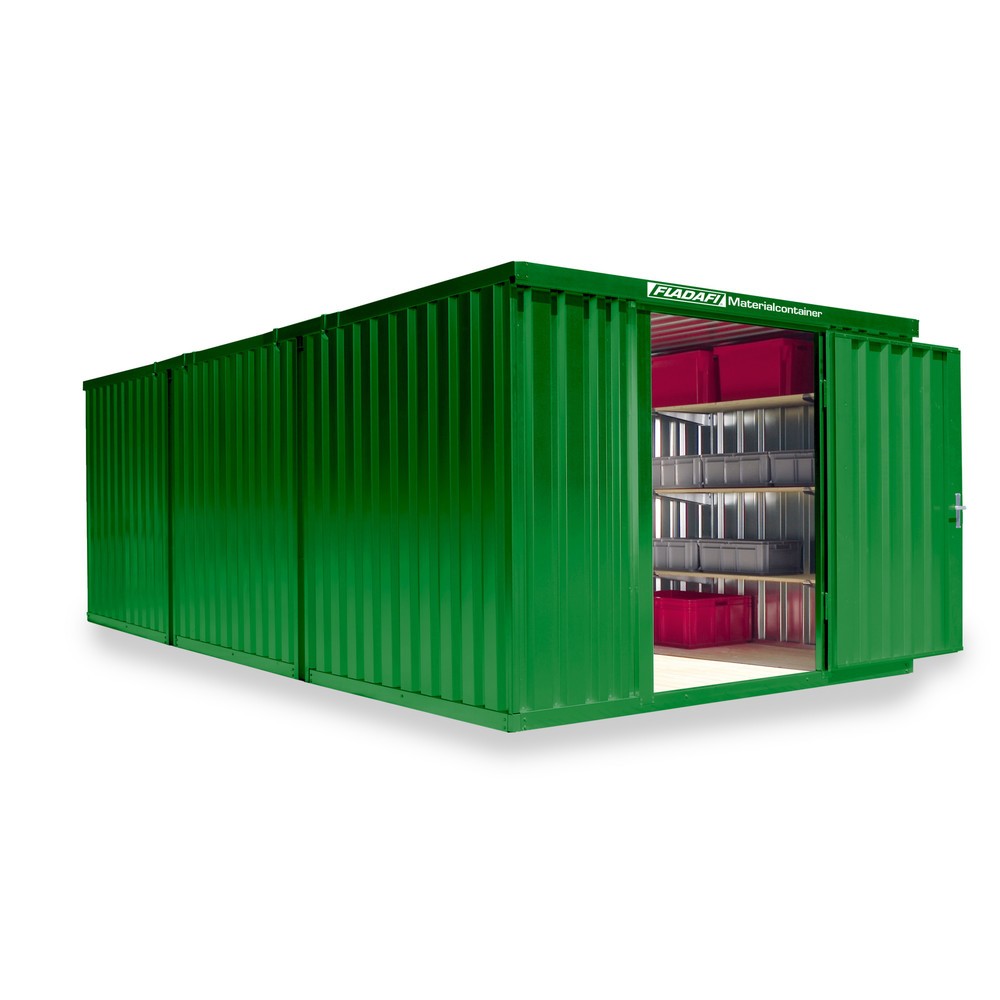 Zdjęcie produktu nr 1: Kompozycja kontenera materiałowego FLADAFI®, lakierowana, 3 moduły, wys. × szer. × gł. 2150 × 3050 × 6520 mm, wstępnie zmontowana, podłoga drewniana, kolor trawiasty zielony