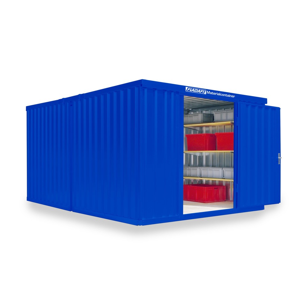 Zdjęcie produktu nr 1: Kompozycja kontenera materiałowego FLADAFI®, malowany, 2 moduły, wys. x szer. x gł. 2150 x 3050 x 4340 mm, zdemontowany, podłoga drewniana, kolor gencjanowy niebieski