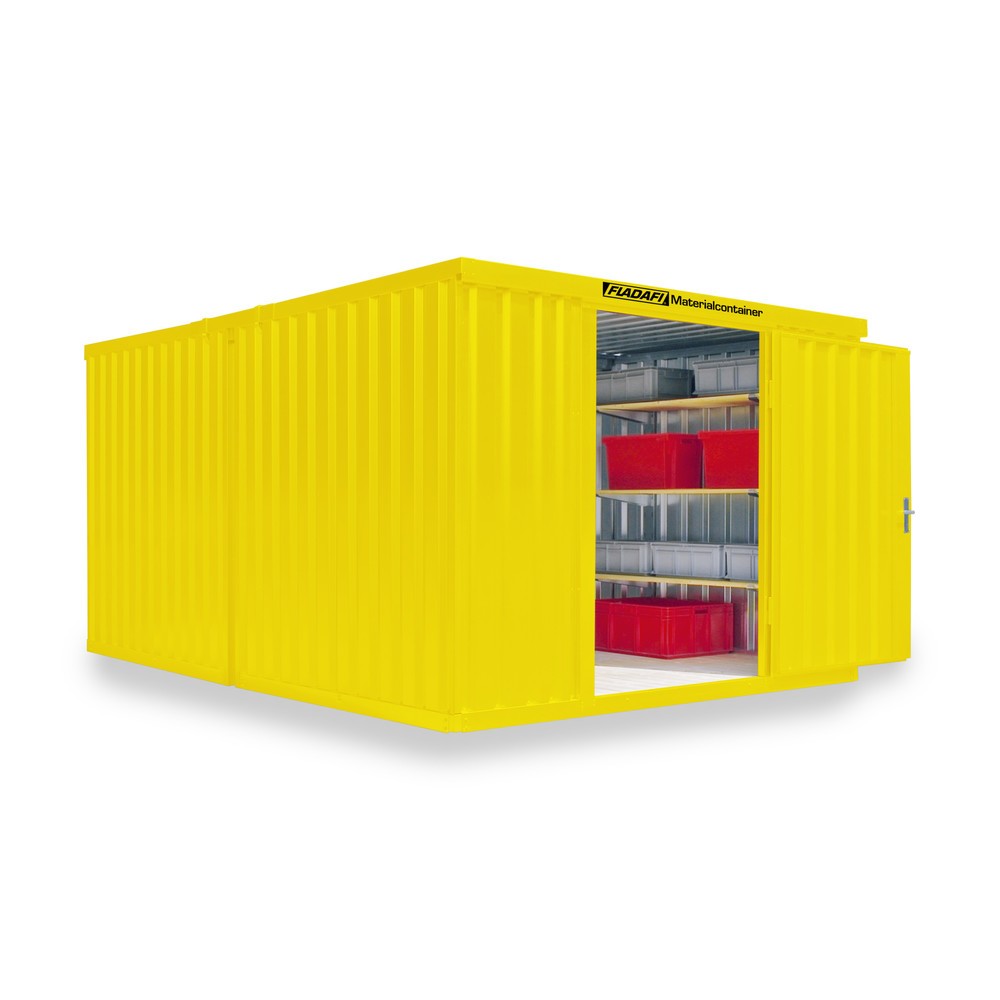 Zdjęcie produktu nr 1: Kompozycja kontenera materiałowego FLADAFI®, malowany, 2 moduły, wys. x szer. x gł. 2150 x 3050 x 4340 mm, zdemontowany, podłoga drewniana, kolor żółty sygnałowy