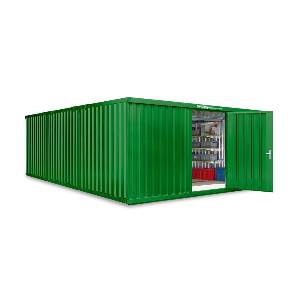 Zdjęcie produktu nr 1: Kompozycja kontenera materiałowego FLADAFI®, lakierowana, 3 moduły, wys. × szer. × gł. 2150 × 5080 × 6520 mm, wstępnie zmontowana, podłoga drewniana, kolor trawiasty zielony