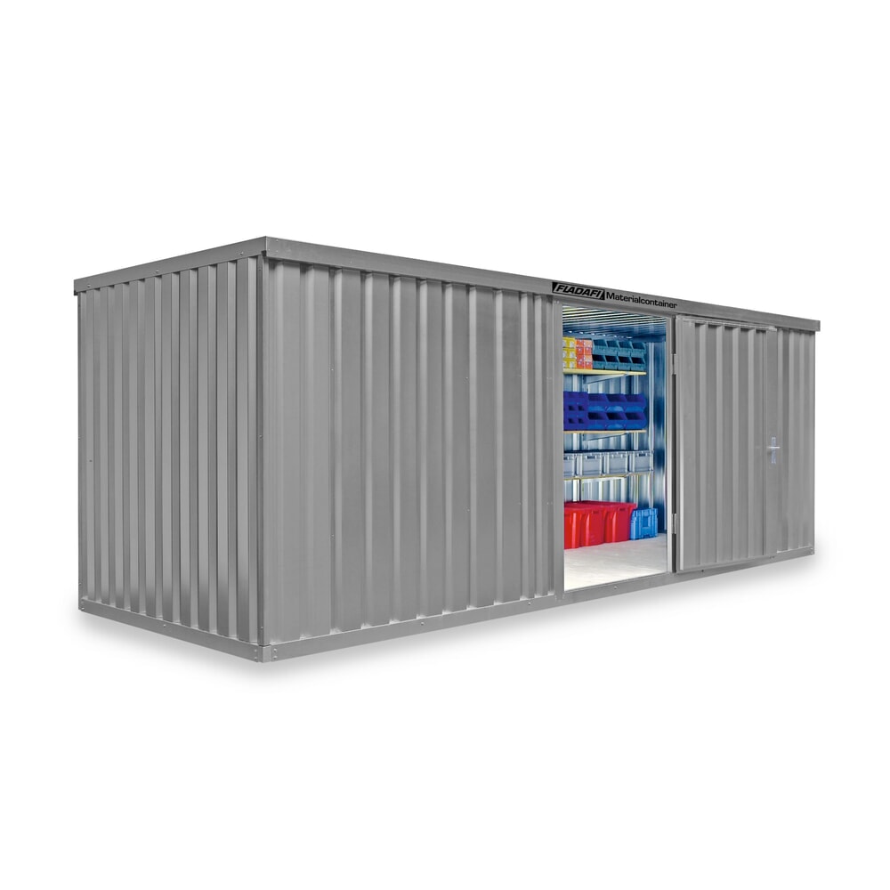 Zdjęcie produktu nr 1: Kontener materiałowy FLADAFI®, pojedynczy moduł, lakierowany, wys. × szer. × gł. 2150 × 6080 × 2170 mm, zmontowany, drewniana podłoga, jasnoszary