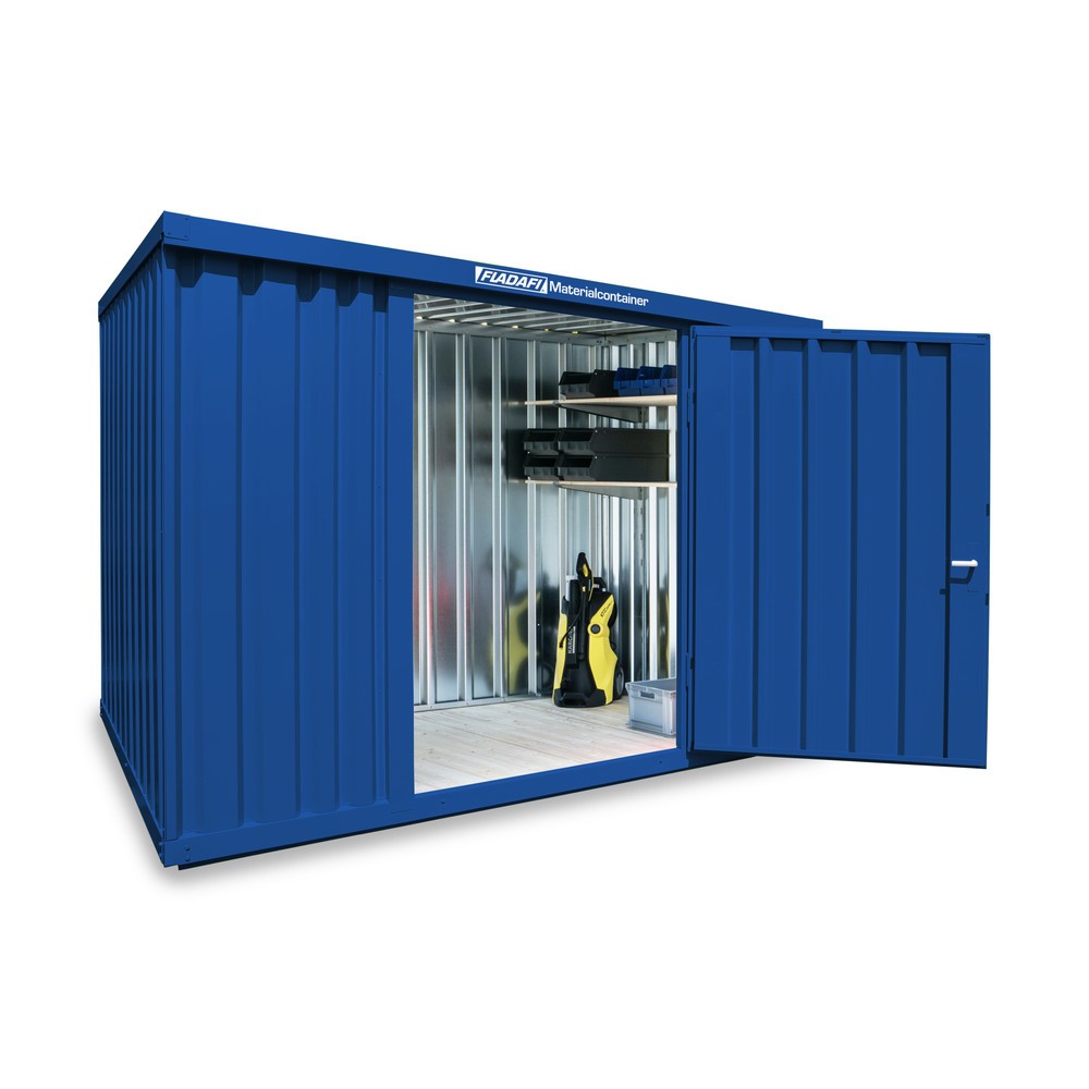 Zdjęcie produktu nr 1: Kontener materiałowy FLADAFI®, pojedynczy moduł, lakierowany, wys. × szer. × gł. 2150 × 3050 × 2170 mm, zmontowany, drewniana podłoga, kolor gencjanowy