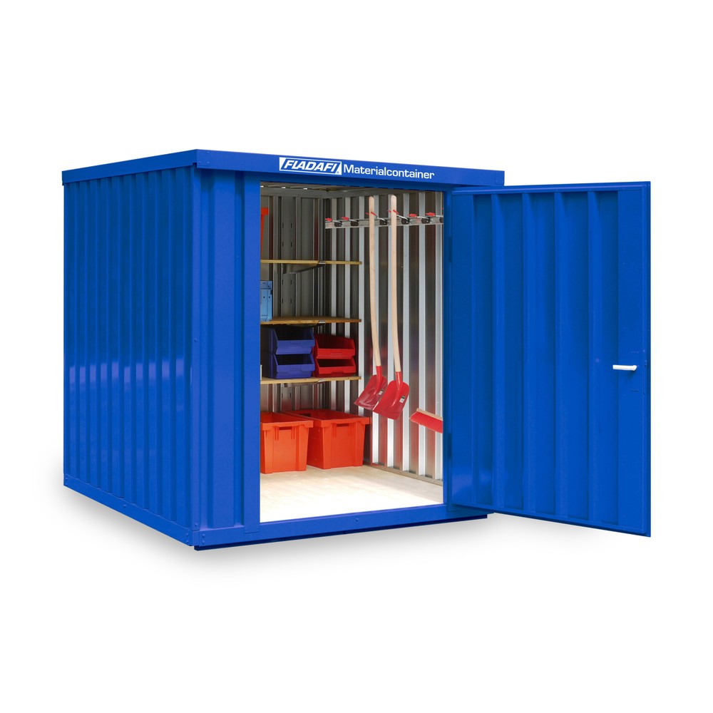 Zdjęcie produktu nr 1: Kontener materiałowy FLADAFI®, pojedynczy moduł, lakierowany, wys. x szer. x gł. 2150 x 2100 x 2170 mm, zmontowany, drewniana podłoga, kolor gencjanowy niebieski