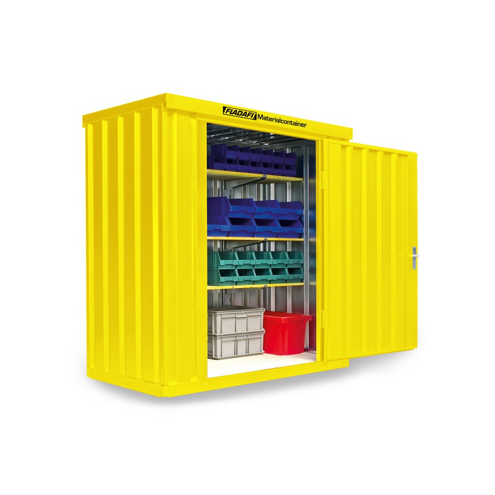 Zdjęcie produktu nr 1: Kontener materiałowy FLADAFI®, pojedynczy moduł, lakierowany, wys. x szer. x gł. 2150 x 2100 x 1140 mm, zmontowany, drewniana podłoga, kolor żółty sygnałowy