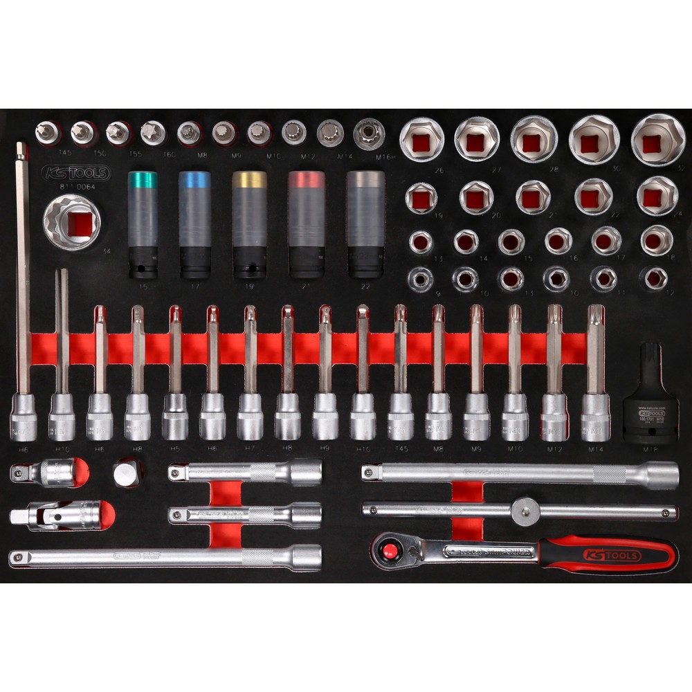Produktabbildung: KS TOOLS 1/2'' Bit-Stecknuss-Satz in Schaumstoffeinlage, 64-tlg