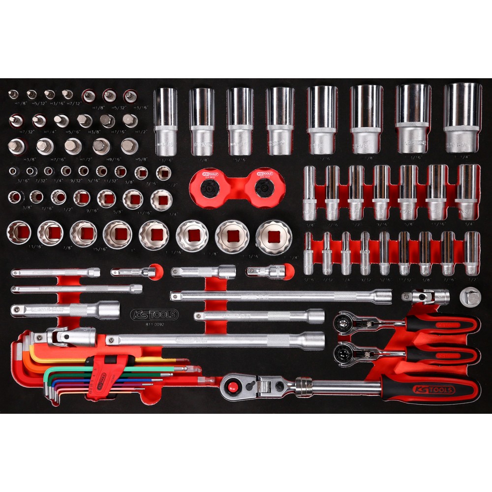 Produktabbildung: KS TOOLS 1/4'' + 3/8'' + 1/2'' Steckschlüssel-Satz in Schaumstoffeinlage, 92-tlg, Zoll