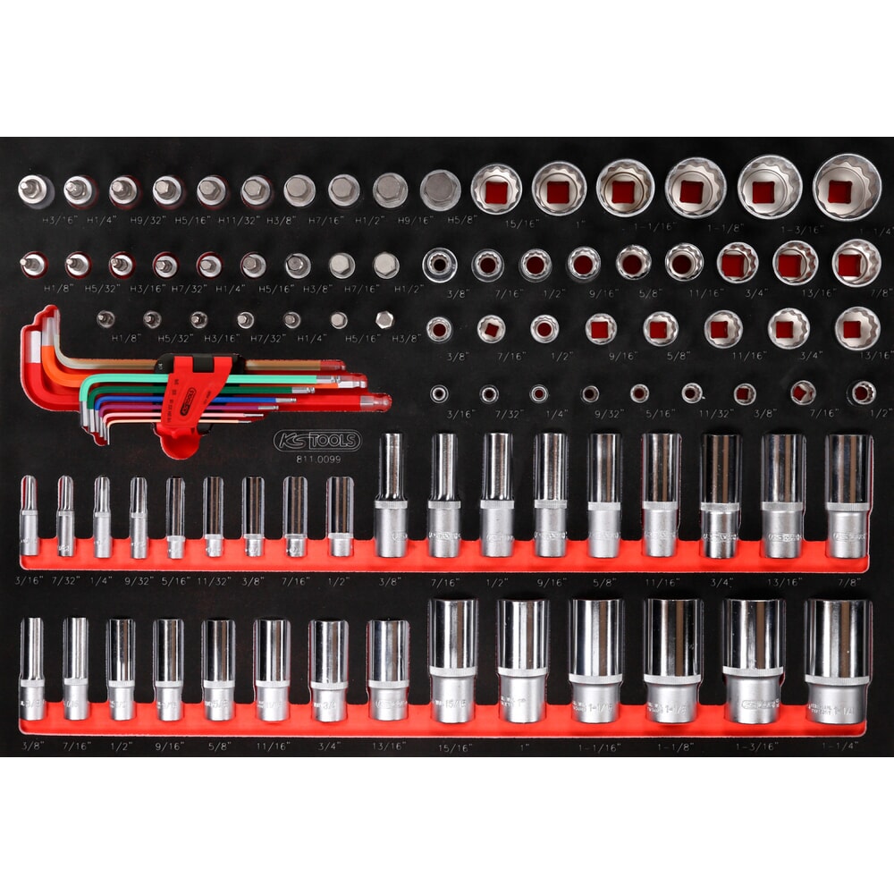 Produktabbildung Nr. 1: KS TOOLS 1/4'' + 3/8'' + 1/2'' Steckschlüssel-Satz in Schaumstoffeinlage, 99-tlg, Zoll