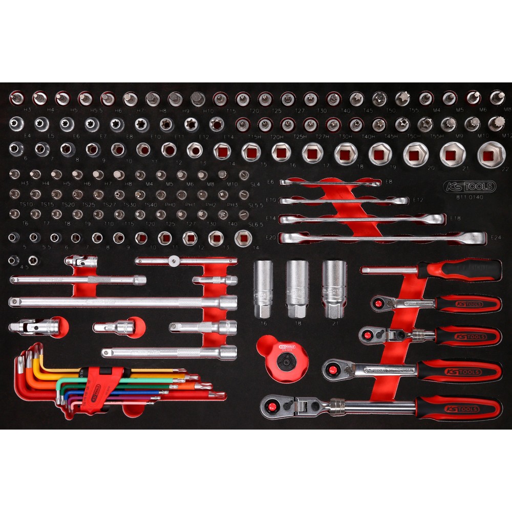 Produktabbildung: KS TOOLS 1/4'' + 3/8'' Steckschlüssel-Satz in Schaumstoffeinlage, 140-tlg