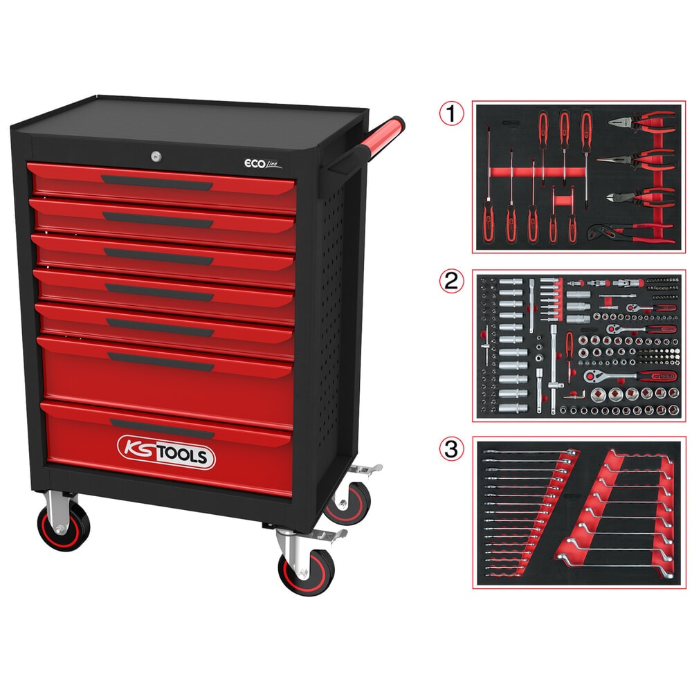 KS TOOLS ECOline SCHWARZ/ROT Werkstattwagen mit 7 Schubladen und 215 Premium-Werkzeugen Produktabbildung: KS TOOLS ECOline SCHWARZ/ROT Werkstattwagen mit 7 Schubladen und 215 Premium-Werkzeugen