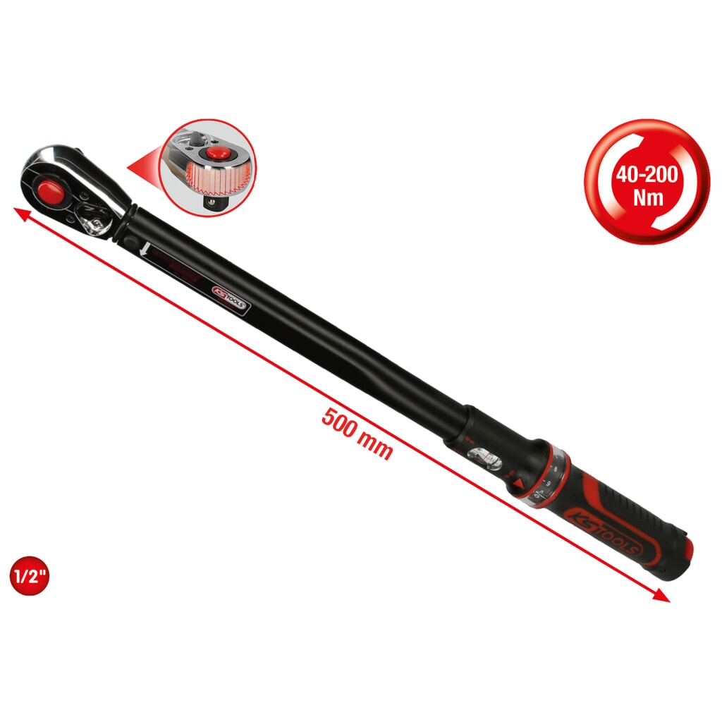 KS TOOLS 1/2" ERGOTORQUE®precision Ratschen-Drehmomentschlüssel, 40-200Nm Produktabbildung: KS TOOLS 1/2" ERGOTORQUE®precision Ratschen-Drehmomentschlüssel, 40-200Nm