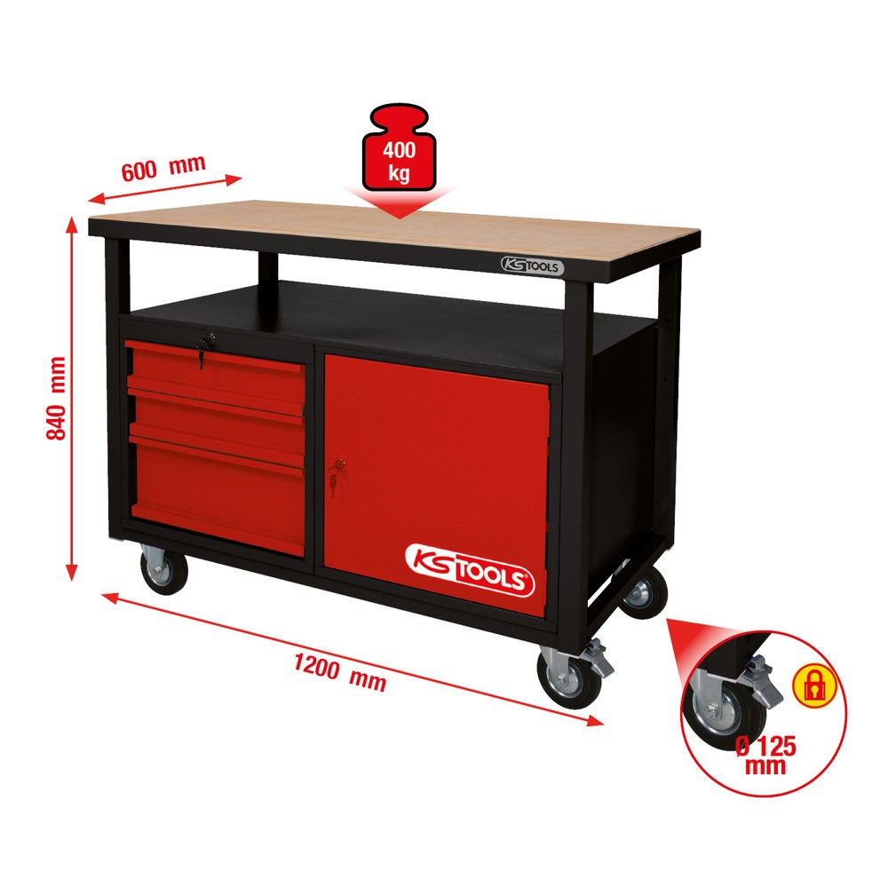 Produktabbildung Nr. 2: KS TOOLS Fahrbare Werkbank mit 3 Schubladen und 1 Tür