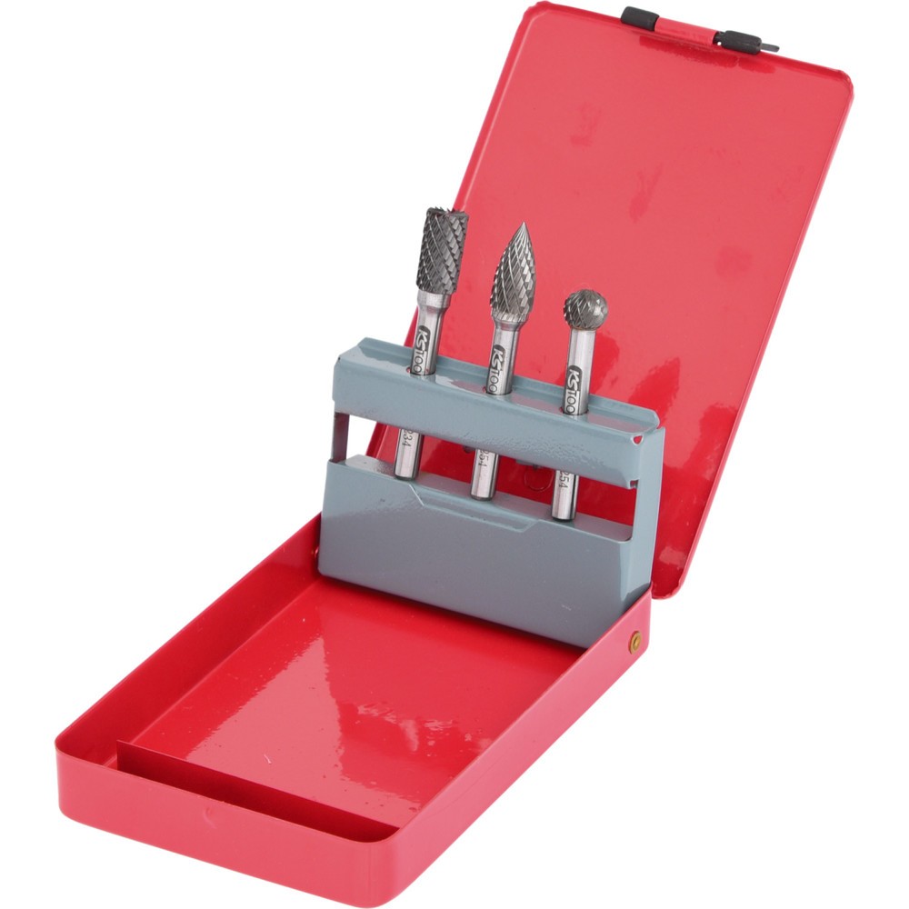 Produktabbildung: KS TOOLS HM Frässtift-Satz in Stahlblechkassette, 3-tlg