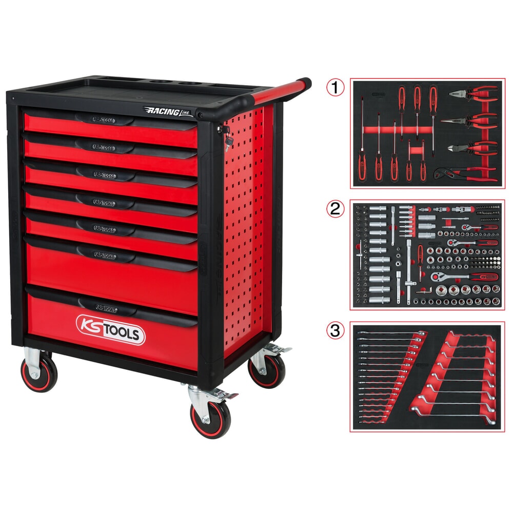 KS TOOLS RACINGline SCHWARZ/ROT Werkstattwagen mit 7 Schubladen und 215 Premium-Werkzeugen Produktabbildung: KS TOOLS RACINGline SCHWARZ/ROT Werkstattwagen mit 7 Schubladen und 215 Premium-Werkzeugen