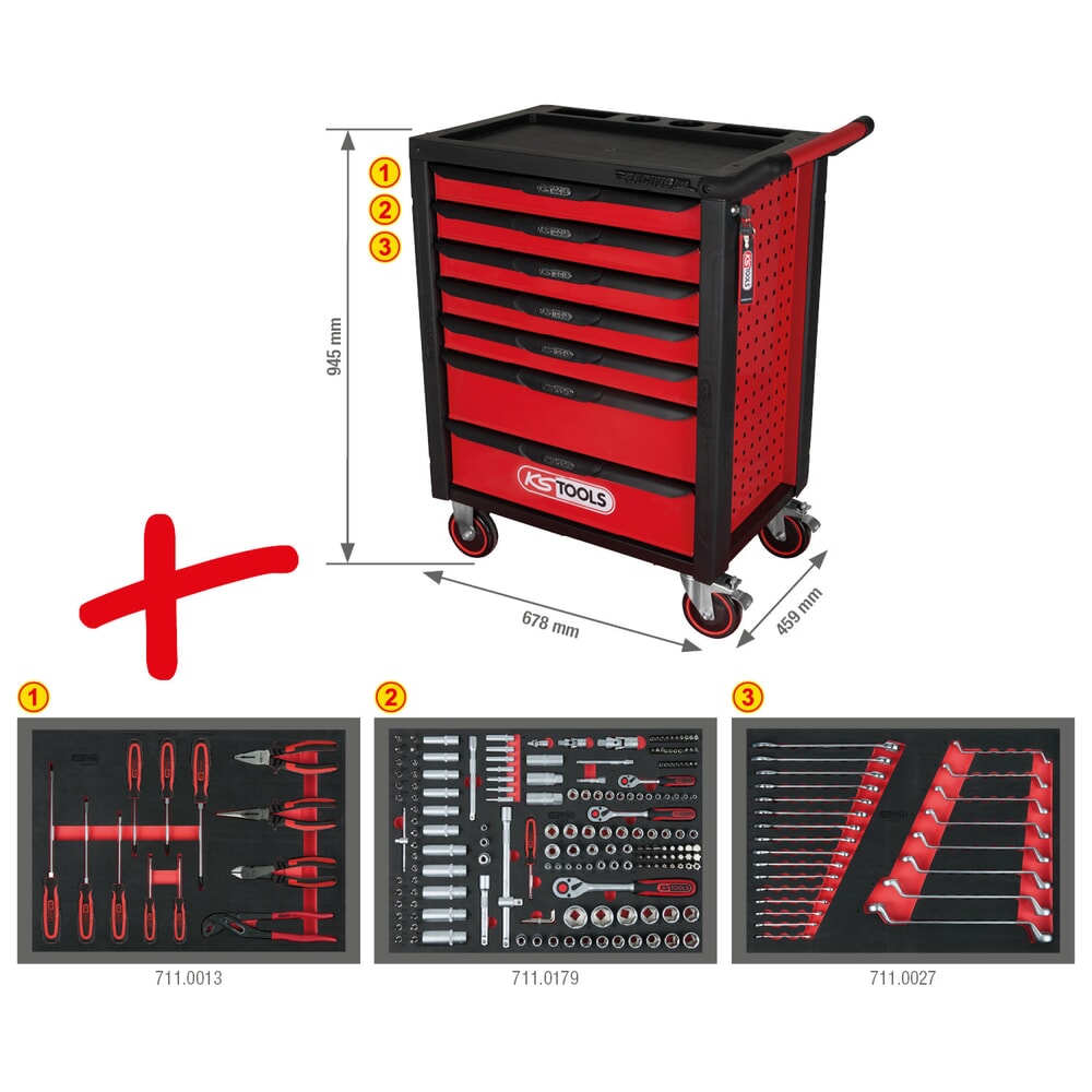 KS TOOLS RACINGline SCHWARZ/ROT Werkstattwagen mit 7 Schubladen und 215 Premium-Werkzeugen Produktabbildung Nr. 4: KS TOOLS RACINGline SCHWARZ/ROT Werkstattwagen mit 7 Schubladen und 215 Premium-Werkzeugen