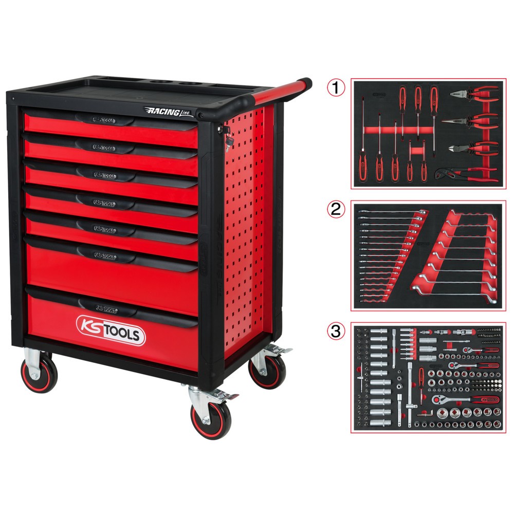 Produktabbildung: KS TOOLS RACINGline SCHWARZ/ROT Werkstattwagen mit 7 Schubladen und 215 Premium-Werkzeugen