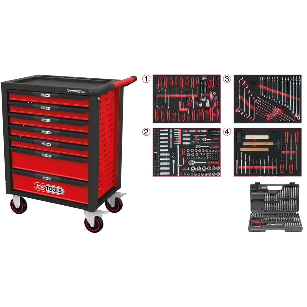 KS TOOLS RACINGline SCHWARZ/ROT Werkstattwagen mit 7 Schubladen und 515 Premium-Werkzeugen Produktabbildung: KS TOOLS RACINGline SCHWARZ/ROT Werkstattwagen mit 7 Schubladen und 515 Premium-Werkzeugen