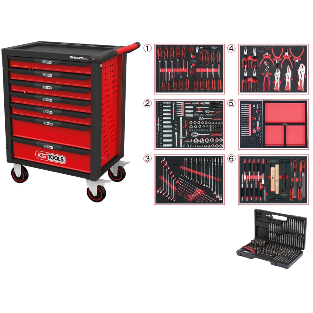 KS TOOLS RACINGline SCHWARZ/ROT Werkstattwagen mit 7 Schubladen und 598 Premium-Werkzeugen Produktabbildung: KS TOOLS RACINGline SCHWARZ/ROT Werkstattwagen mit 7 Schubladen und 598 Premium-Werkzeugen