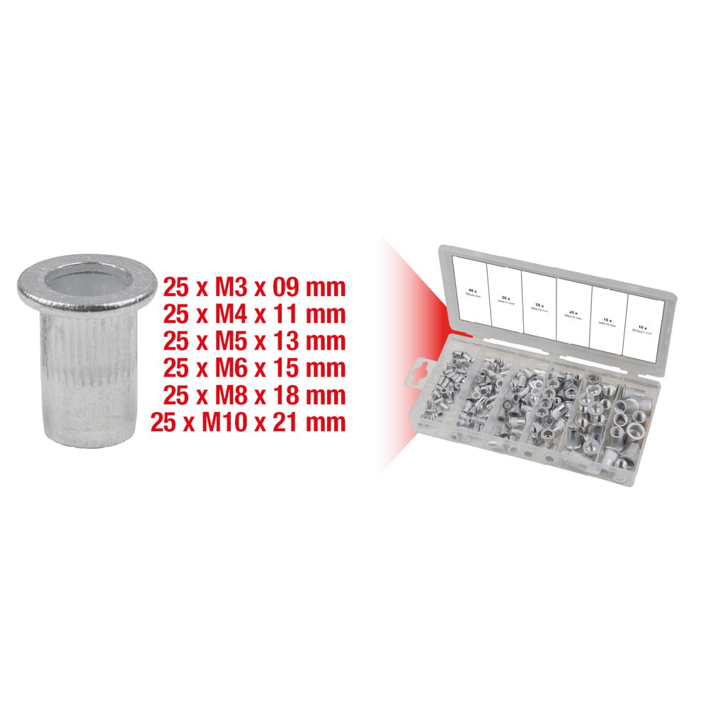 Produktabbildung Nr. 2: KS TOOLS Sortiment Gewindenieten, Aluminium, M3x9mm-M10x21mm, 150-tlg