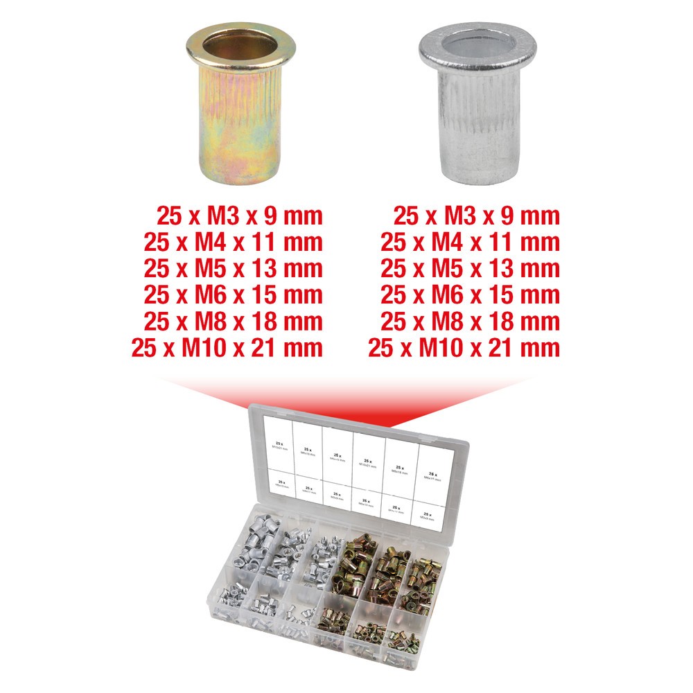 Produktabbildung Nr. 2: KS TOOLS Sortiment Gewindenieten, Stahl und Aluminium, M3x9mm-M10x21mm, 300-tlg