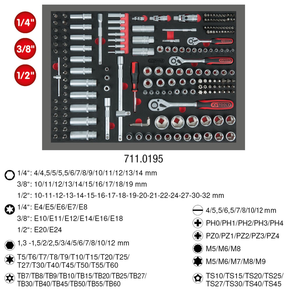 Produktabbildung Nr. 2: KS TOOLS 1/4"+3/8"+1/2" Steckschlüssel-Satz, 195-tlg in 1/1 Systemeinlage