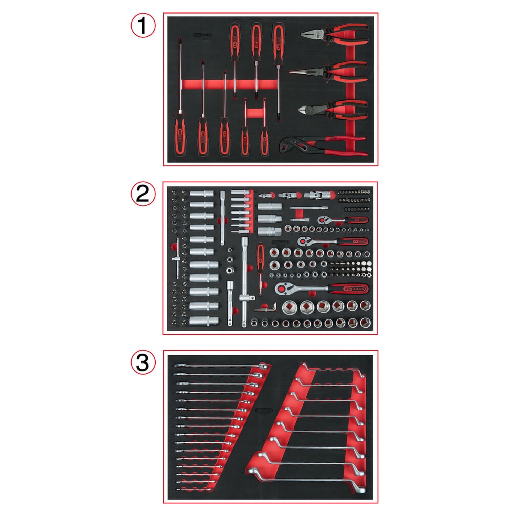 Produktabbildung Nr. 1: KS TOOLS Universal-Systemeinlagen-Satz für 3 Schubladen mit 215 Premium-Werkzeugen